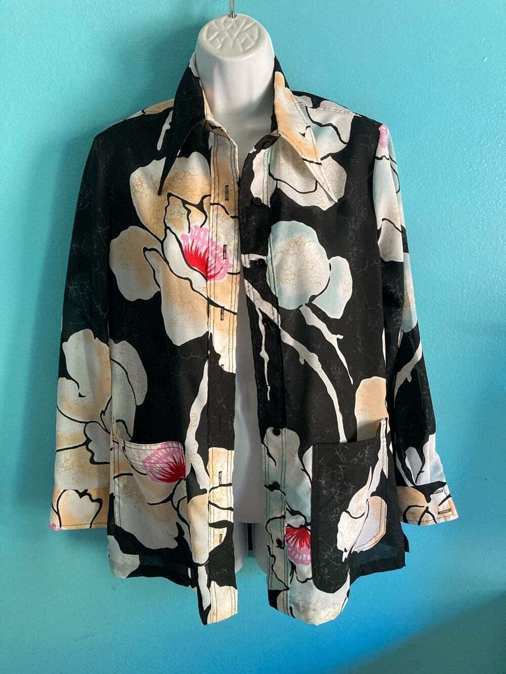 Vintage 70's Loubella Floral Dagger Collar Disco Shirt Pockets Black Pink M L